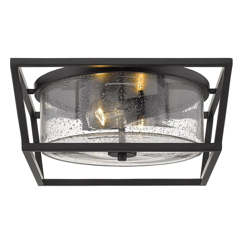 Mercer 14 in. Matte Black with Matte Black Accents and Seeded Glass Flush Mount by Golden Lighting 4 Mercer 14 in. Matte Black with Matte Black Accents and Seeded Glass Flush Mount by Golden Lighting - Image 2