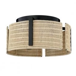 Grove 14 in. 3-Light Matte Black Flush Mount with Wicker Shade by Golden Lighting