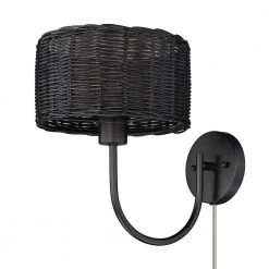 Erma 1-Light Matte Black Wall Sconce with Black Wicker Shade by Golden Lighting