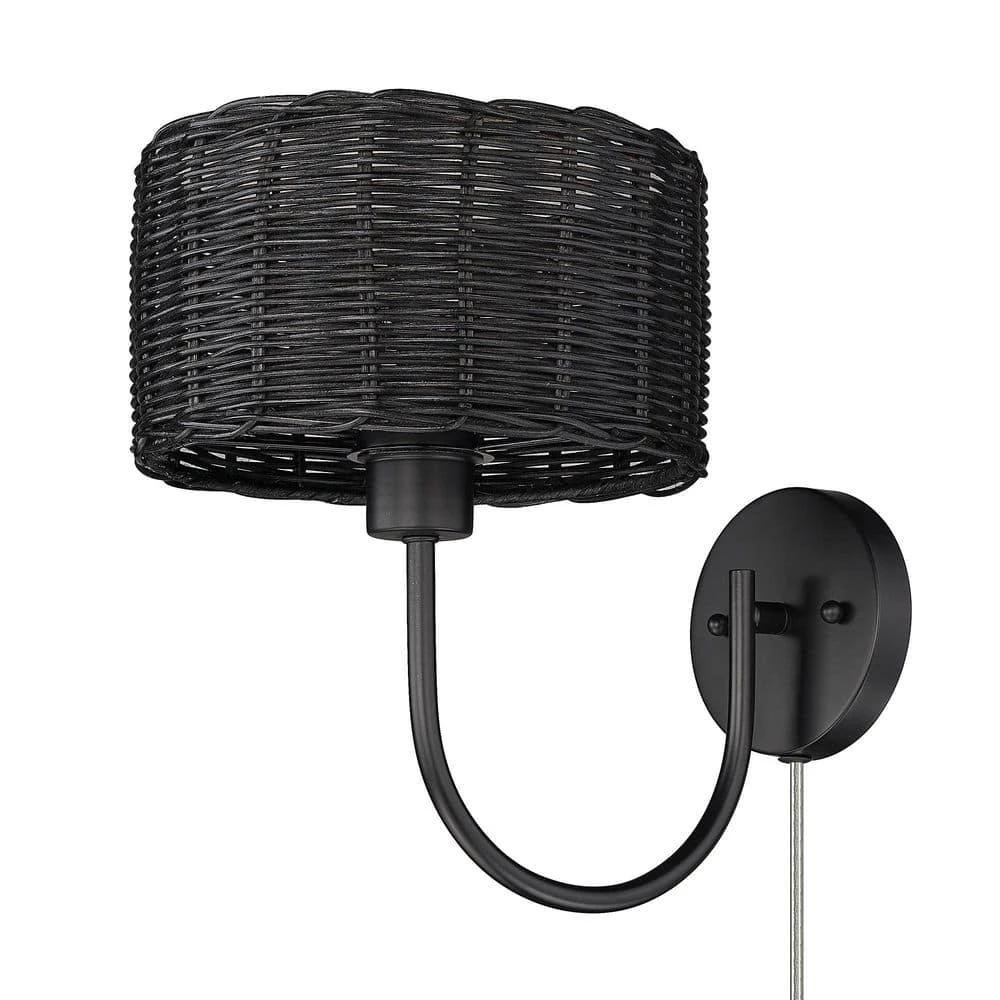 Erma 1-Light Matte Black Wall Sconce with Black Wicker Shade by Golden Lighting 3 Erma 1-Light Matte Black Wall Sconce with Black Wicker Shade by Golden Lighting