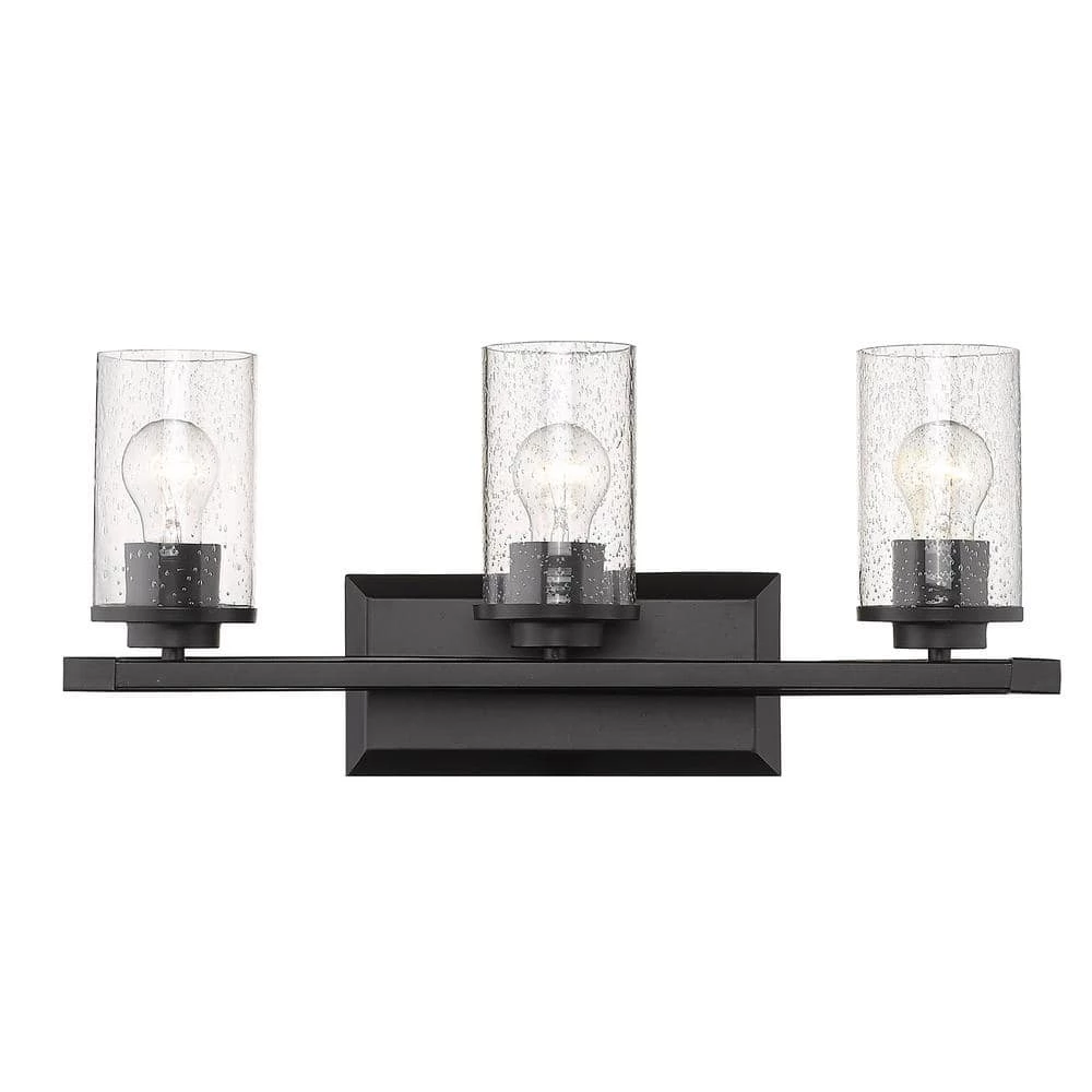 Mercer 3-Light Bath Vanity in Matte Black with Matte Black Accents and Seeded Glass by Golden Lighting 3 Mercer 3-Light Bath Vanity in Matte Black with Matte Black Accents and Seeded Glass by Golden Lighting