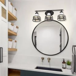 Locklyn 9.5 in. 3-Light Matte Black Vanity Light with Matte White Shades by Golden Lighting -Golden Lighting Shop matte black matte white shade golden lighting vanity lighting 1109 ba3 blk wht 4f 1000