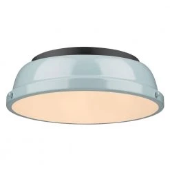 Duncan 14 in. 2-Light Matte Black Flush Mount with Seafoam Shade by Golden Lighting
