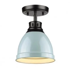 Duncan Collection 1-Light Black Flush Mount with Seafoam Shade by Golden Lighting