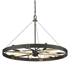 Vaughn 6-Light Natural Black Aged Brass Accents Wagon Wheel Large Pendant Light by Golden Lighting