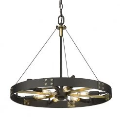 Vaughn 6-Light Natural Black Aged Brass Accents Wagon Wheel Medium Pendant Light by Golden Lighting