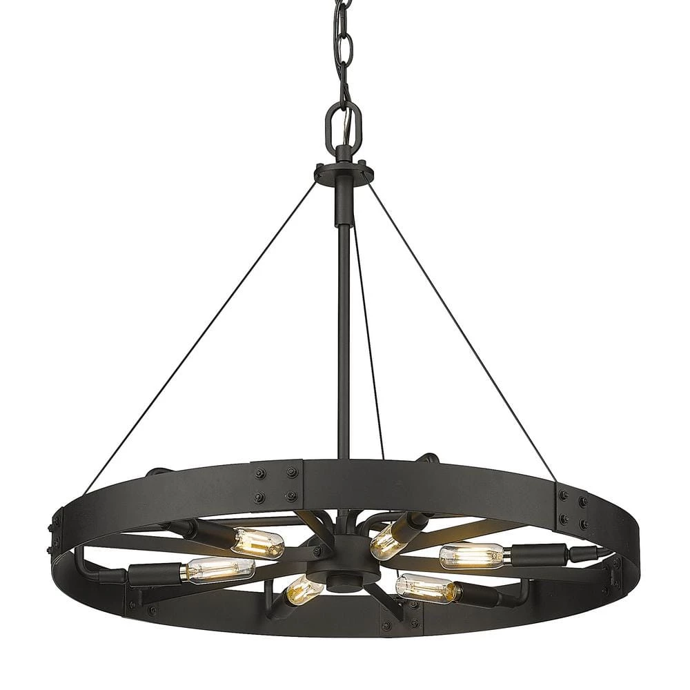 Vaughn 6-Light Natural Black Natural Black Accents Wagon Wheel Pendant Light by Golden Lighting 3 Vaughn 6-Light Natural Black Natural Black Accents Wagon Wheel Pendant Light by Golden Lighting
