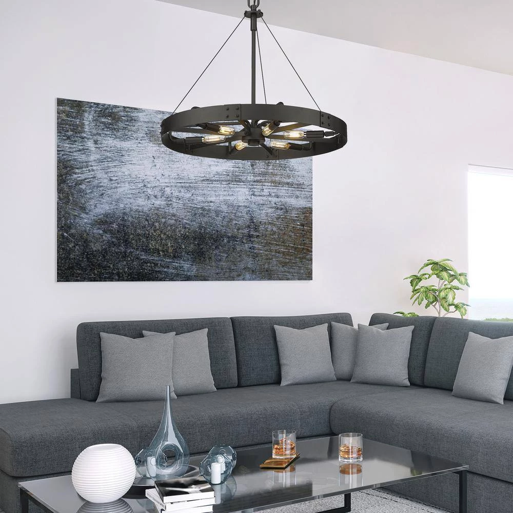 Vaughn 6-Light Natural Black Natural Black Accents Wagon Wheel Pendant Light by Golden Lighting 8 Vaughn 6-Light Natural Black Natural Black Accents Wagon Wheel Pendant Light by Golden Lighting - Image 6