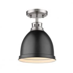 Duncan Collection 1-Light Pewter Flush Mount with Matte Black Shade by Golden Lighting