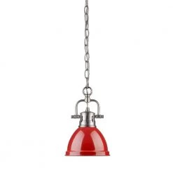 Duncan 1-Light Pewter Mini Pendant with Red Shade (Chain) by Golden Lighting