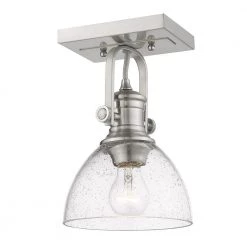 Hines 6.88 in. 1-Light Pewter with Seeded Glass Semi-Flush Mount by Golden Lighting