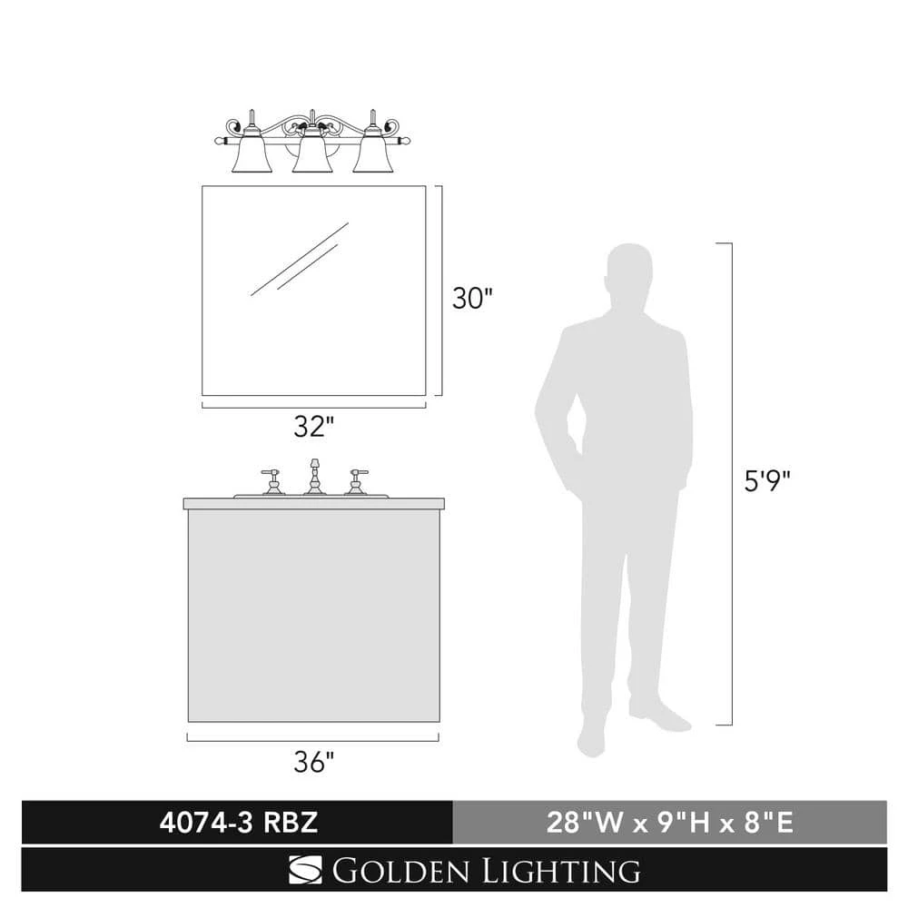Belle Meade Collection 3-Light Rubbed Bronze Bath Vanity Light by Golden Lighting 4 Belle Meade Collection 3-Light Rubbed Bronze Bath Vanity Light by Golden Lighting - Image 2
