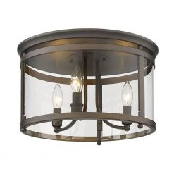 Payton 14.75 in. 3-Light Rubbed Bronze Flush Mount with Clear Glass Shade by Golden Lighting